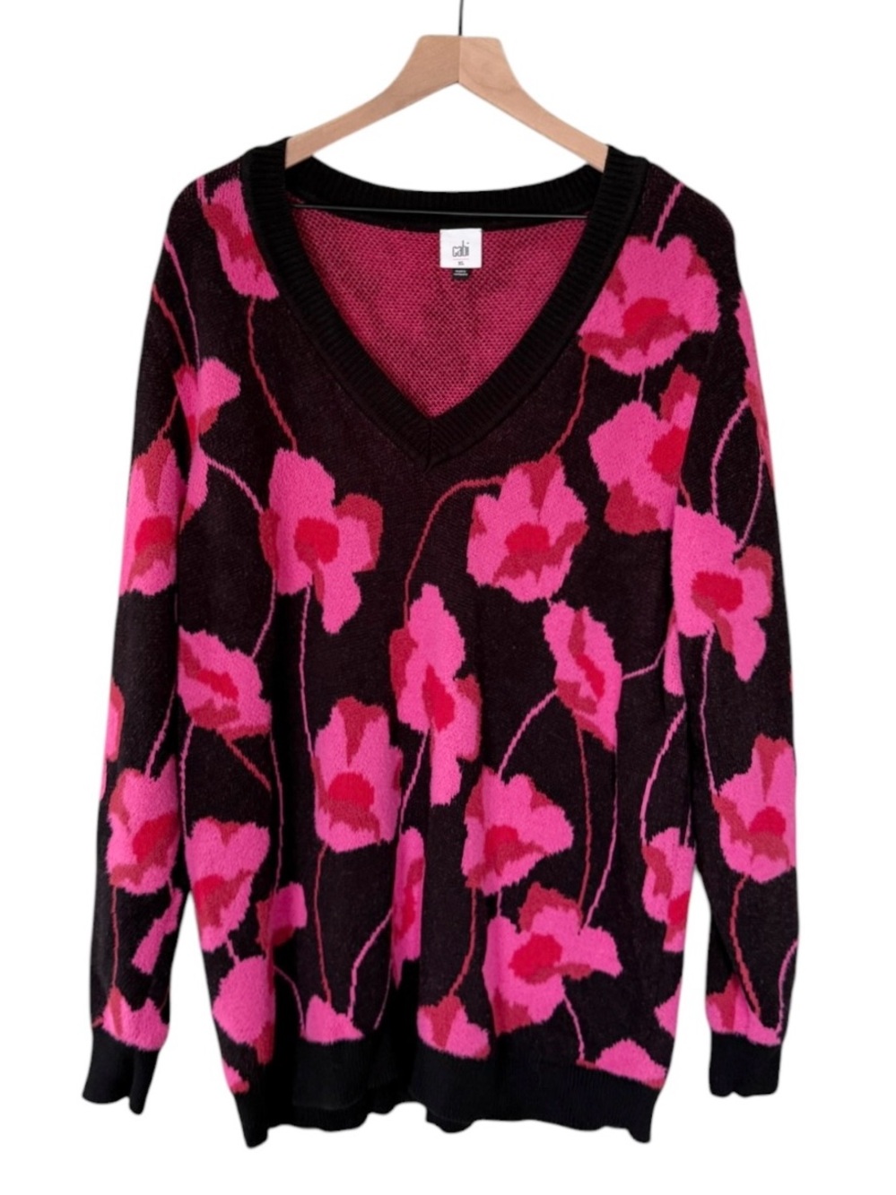 Cabi Rococo Floral V Neck Pullover Sweater Peony Print Pink Black Size XL - Picture 3 of 9